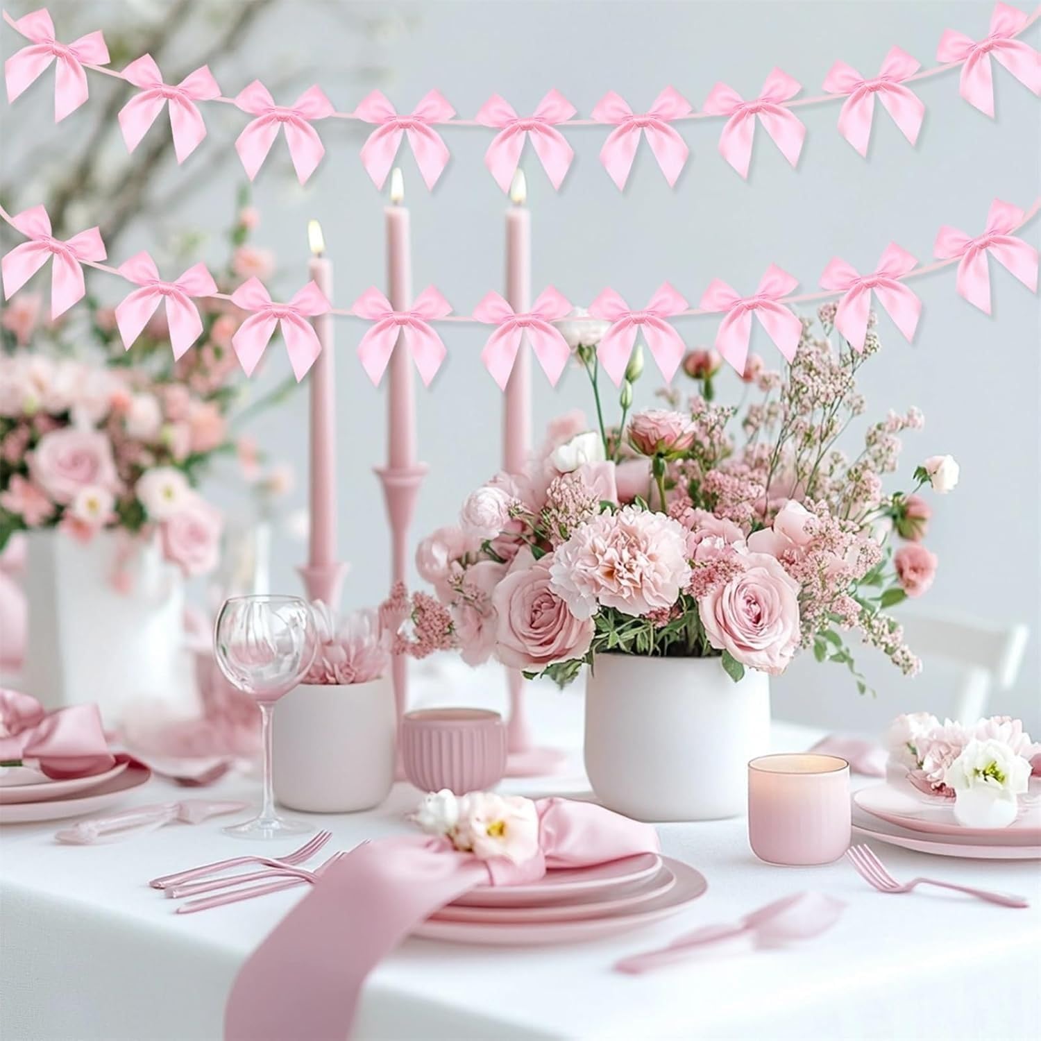 Pink Bow Banner Garland 2 Strings with 13 Pink Bows Each