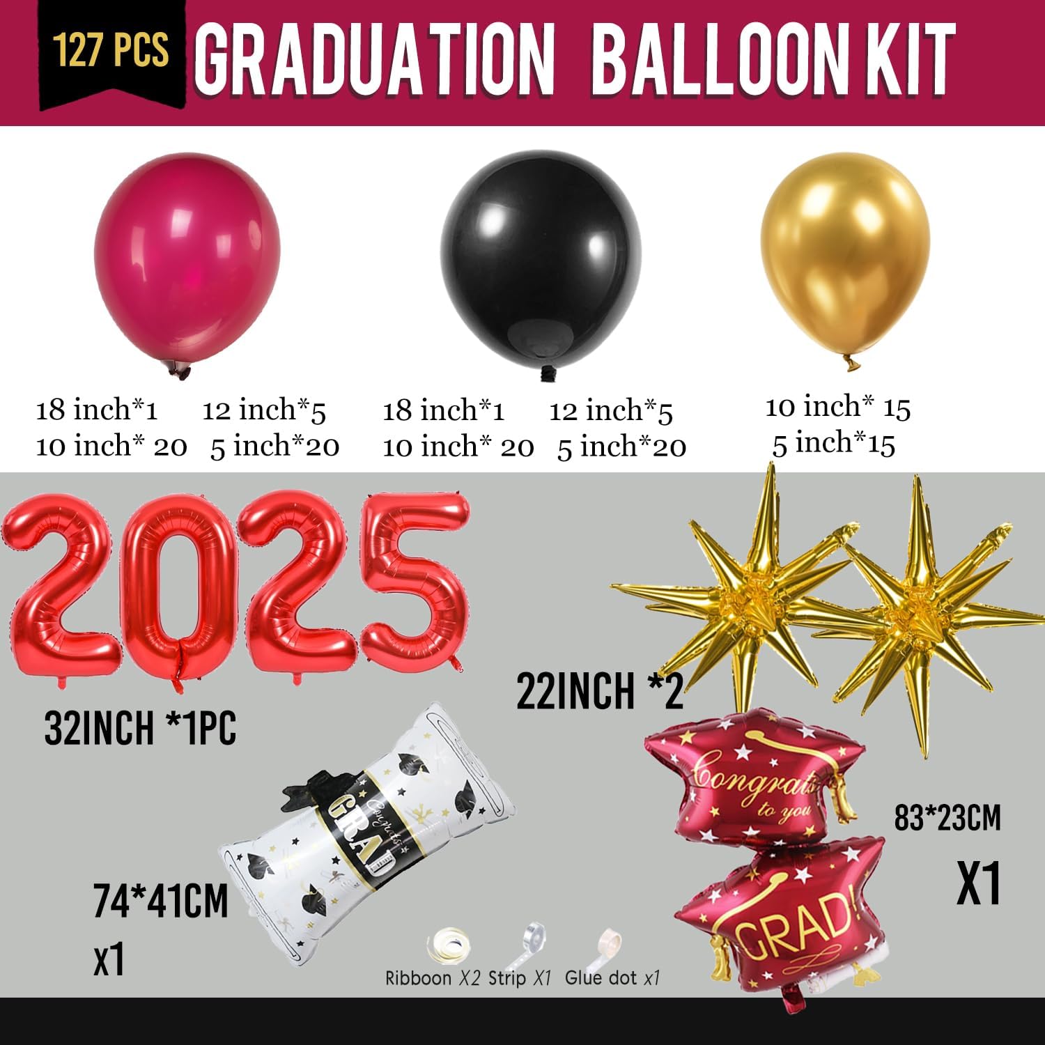 Maroon Black Gold Balloons Garland Kit for Graduation 2025