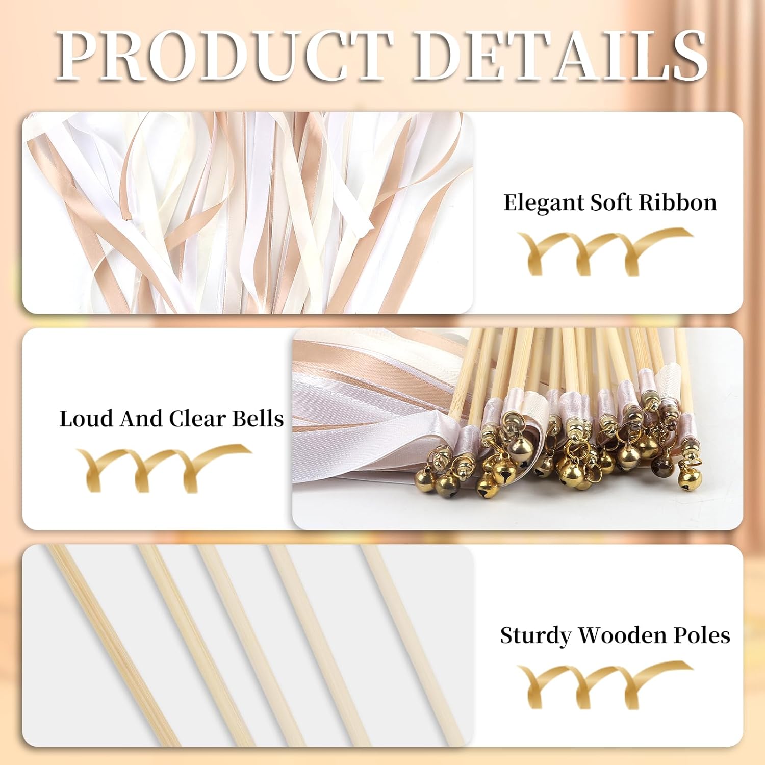 200 Pieces Ribbon Wedding Wand Sticks with Bells