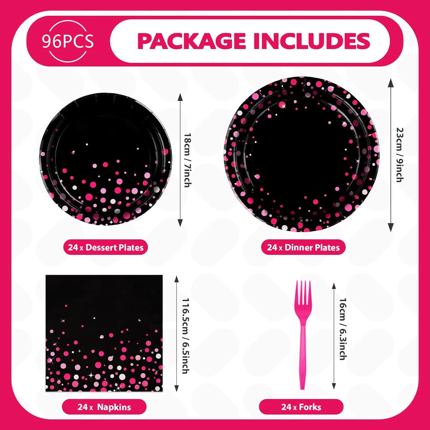 96 Pcs Hot Pink and Black Party Supplies Set