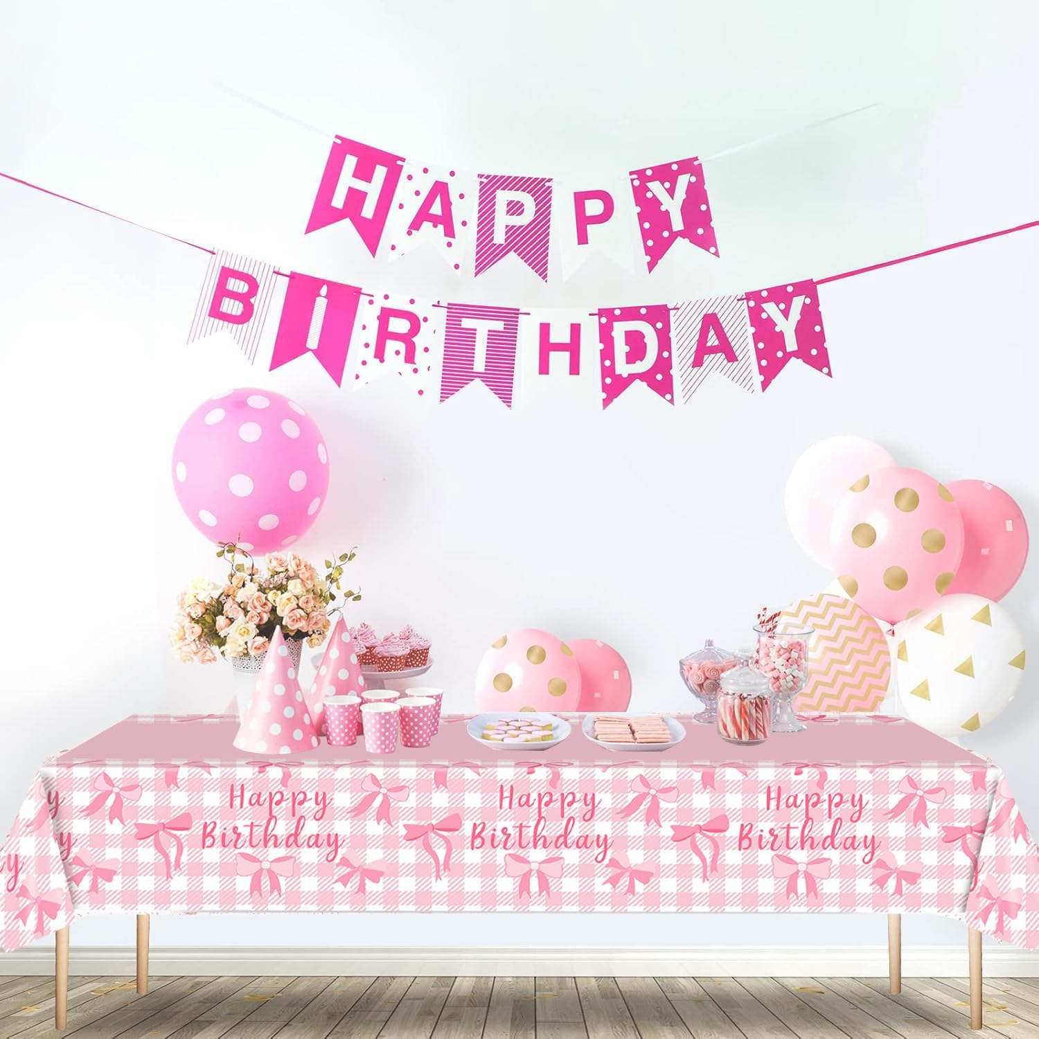 MAYSUN 3 Pcs Pink Bow Tablecloth for Birthday Parties
