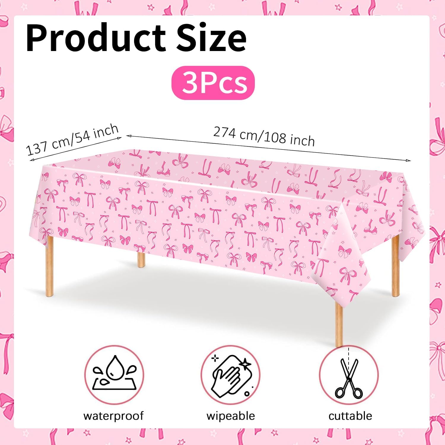 3pcs Pink Bow Tablecloth for Birthday Baby Shower Decorations