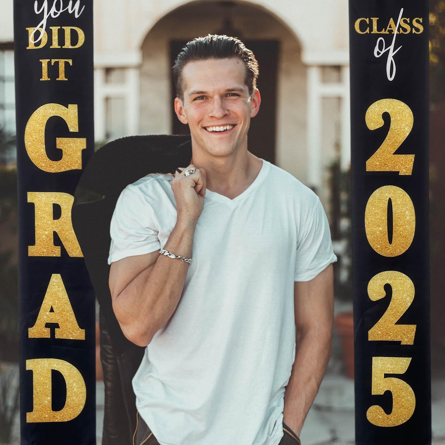 Class of 2025 Graduation Banner Black Gold Porch Sign