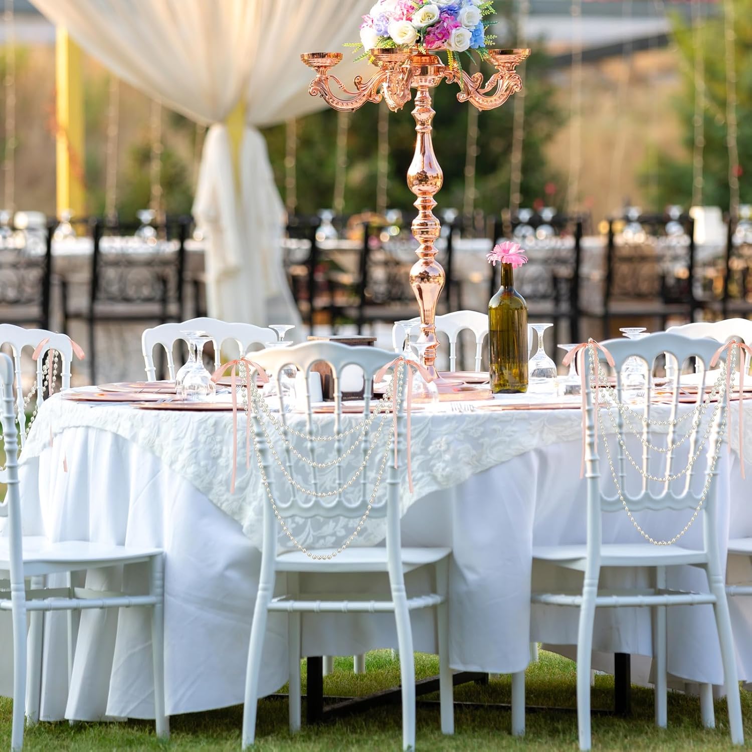 Elegant Wedding Pearl Bow Chair Decor Satin Ribbon Garland