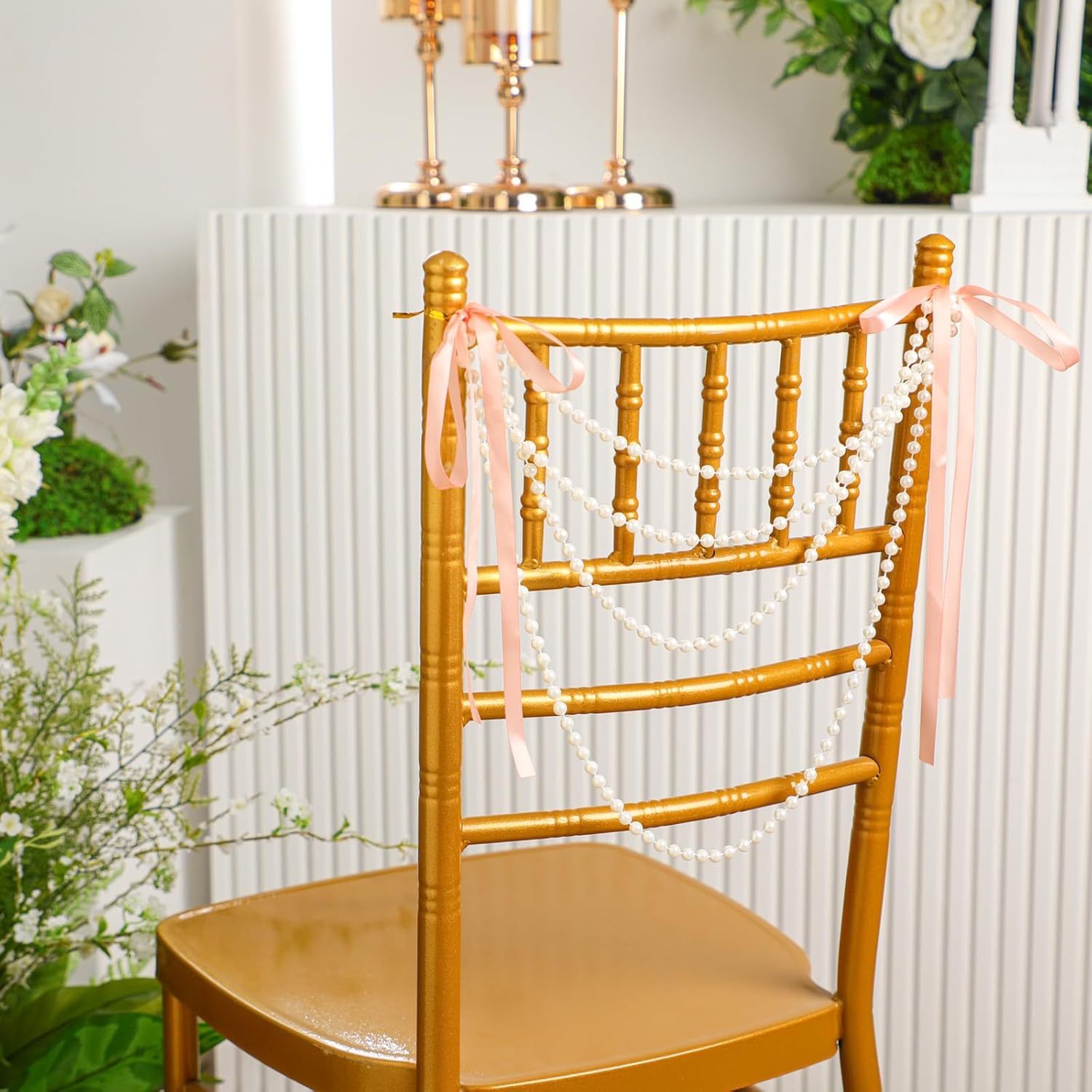 Elegant Wedding Pearl Bow Chair Decor Satin Ribbon Garland