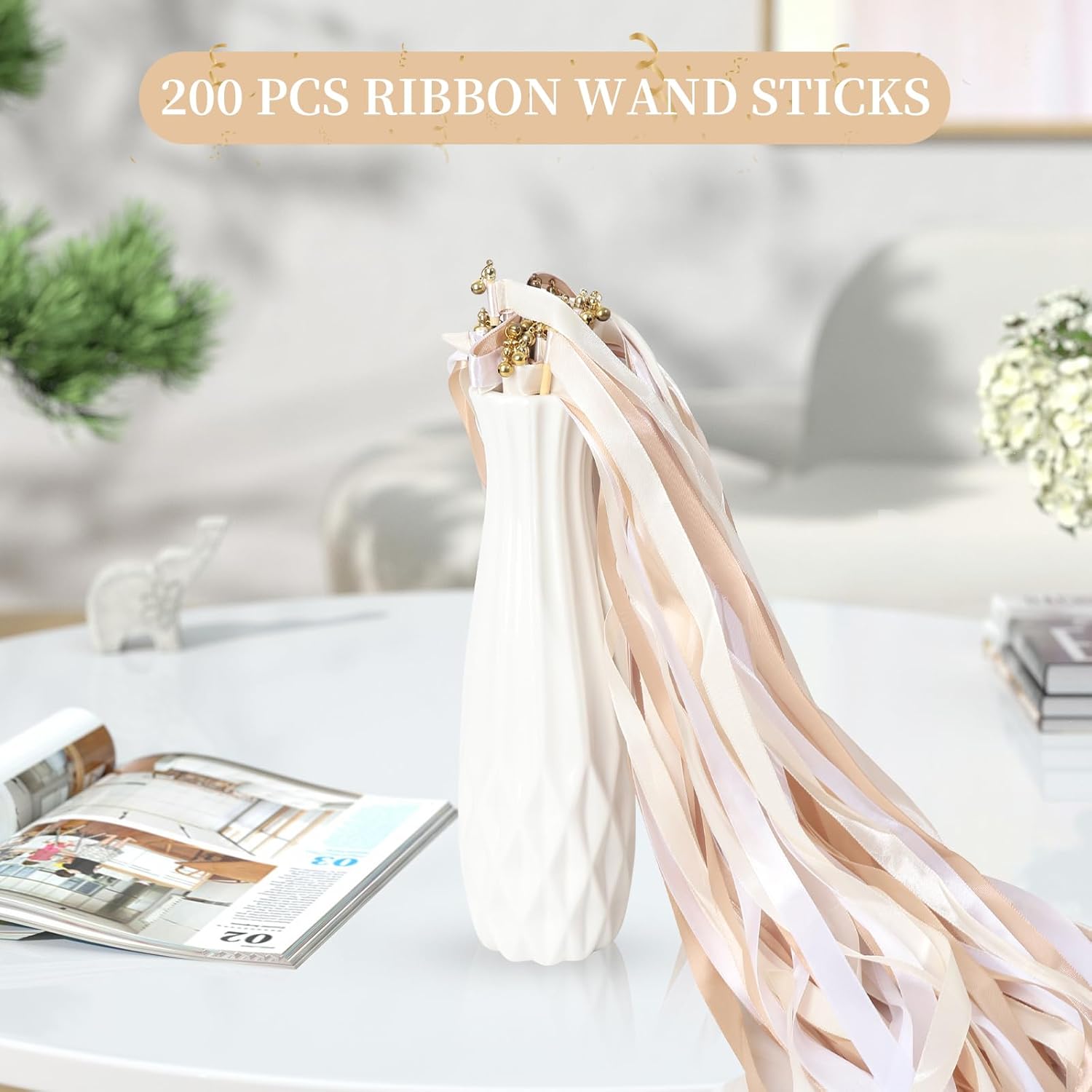 200 Pieces Ribbon Wedding Wand Sticks with Bells