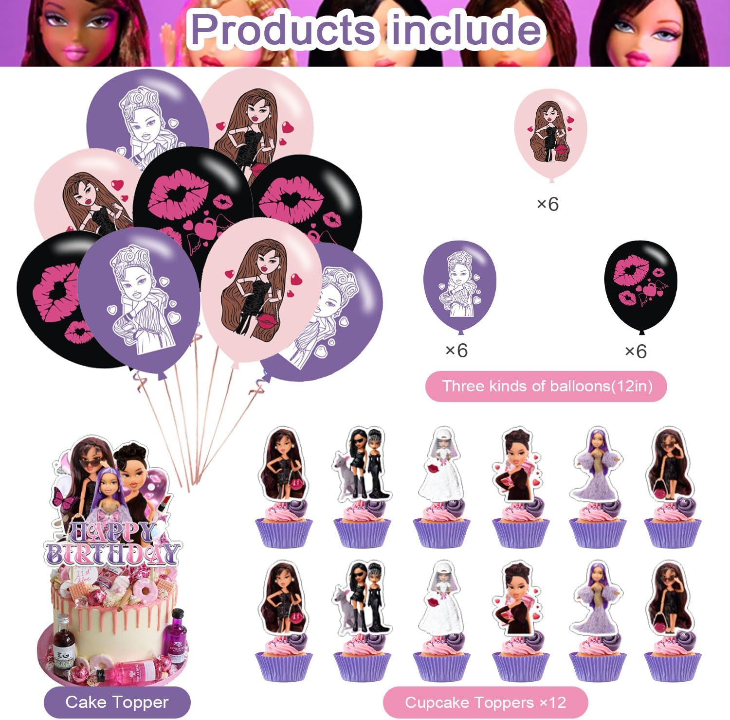 Cartoon Delicacy Girl Birthday Decor Set Pink