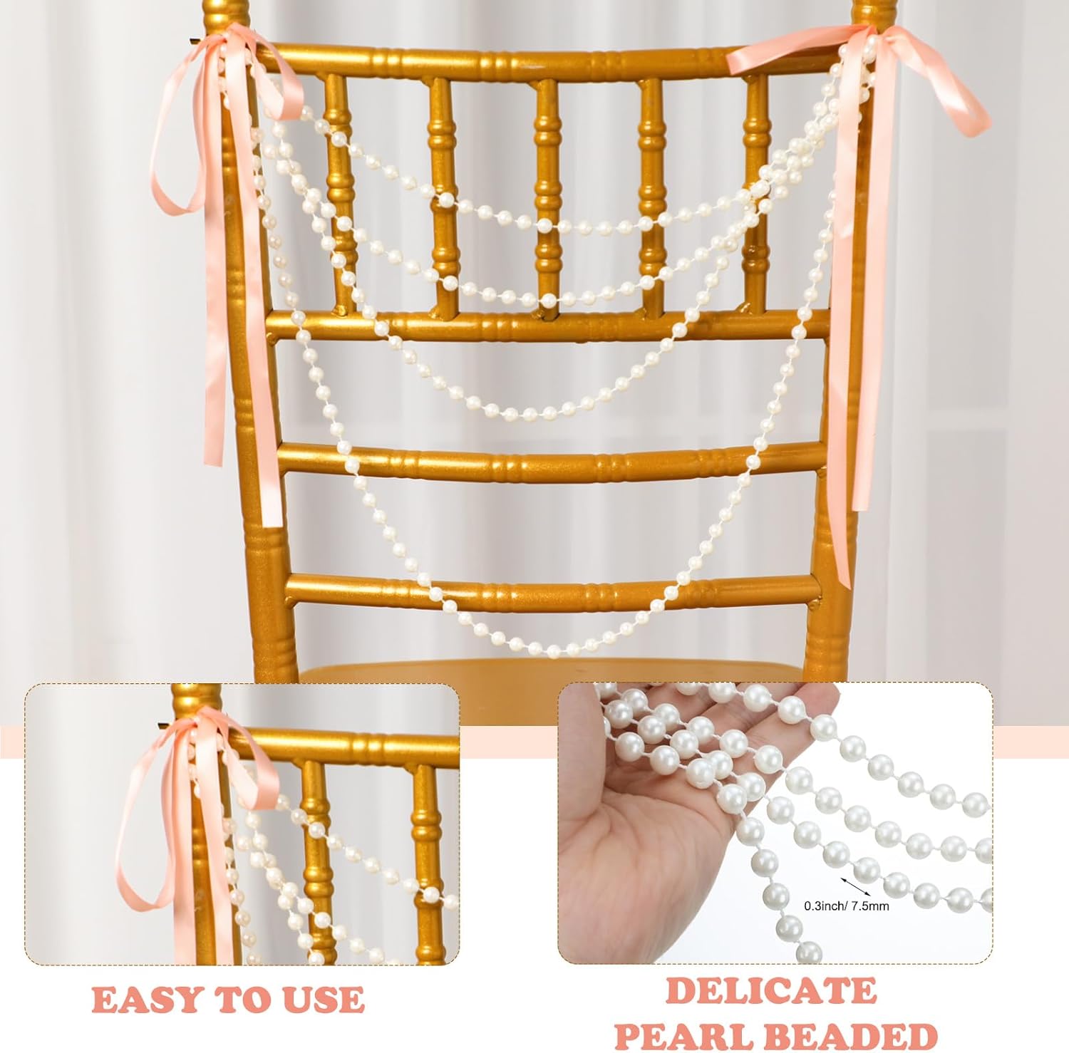 Elegant Wedding Pearl Bow Chair Decor Satin Ribbon Garland