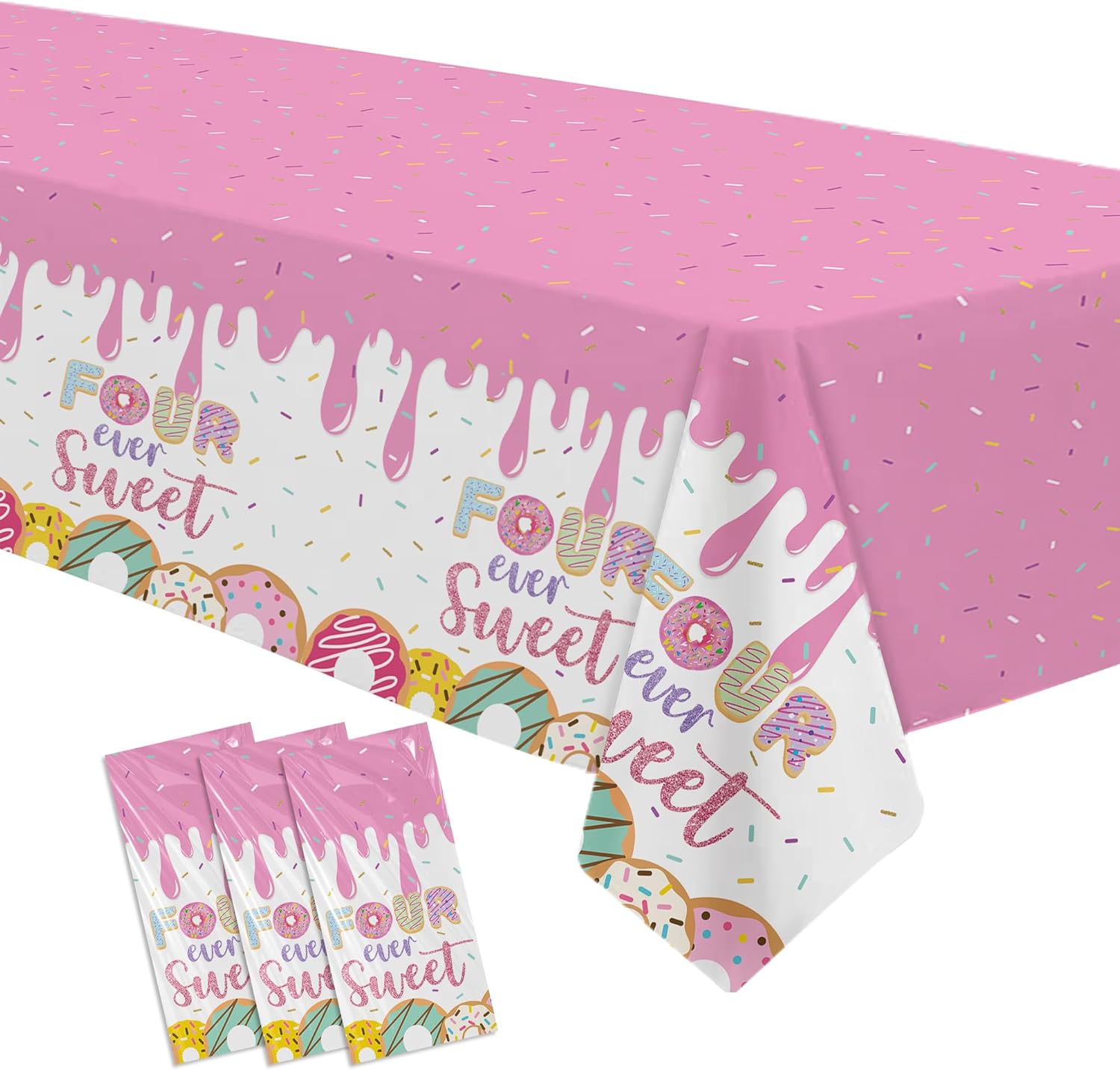 Four Ever Sweet Birthday Tablecloth Set for 4th Birthday 3 Pack 55x86in