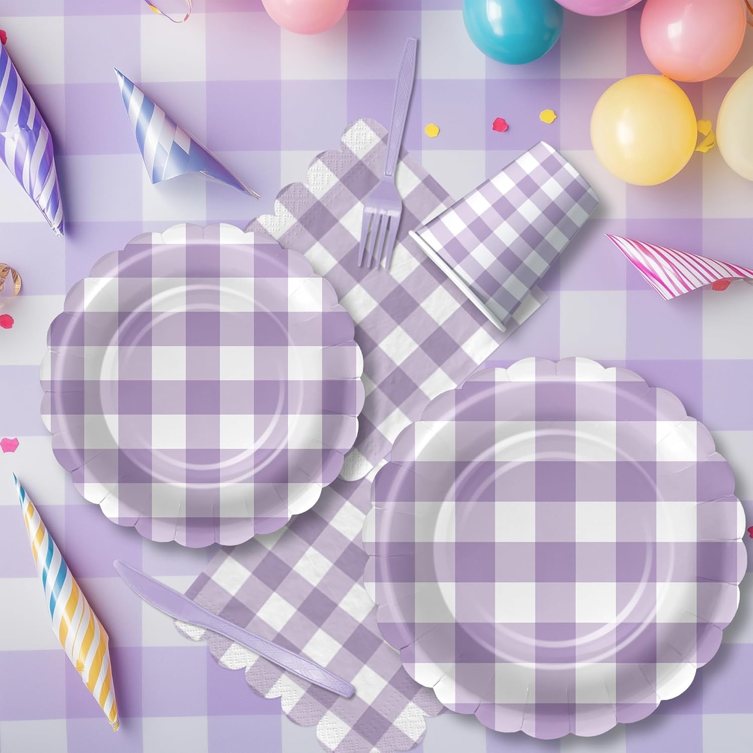 Light Purple Gingham Party Tableware Set for 24 Guests