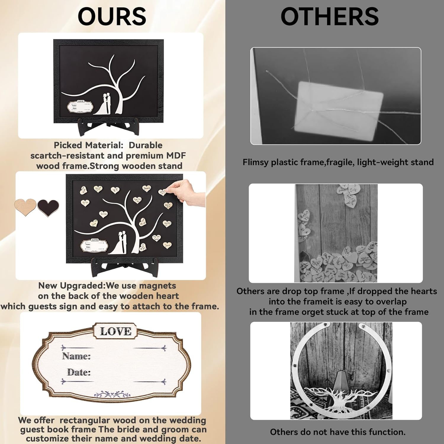 Wedding Guest Book Frame with Stand and 70 Wooden Hearts