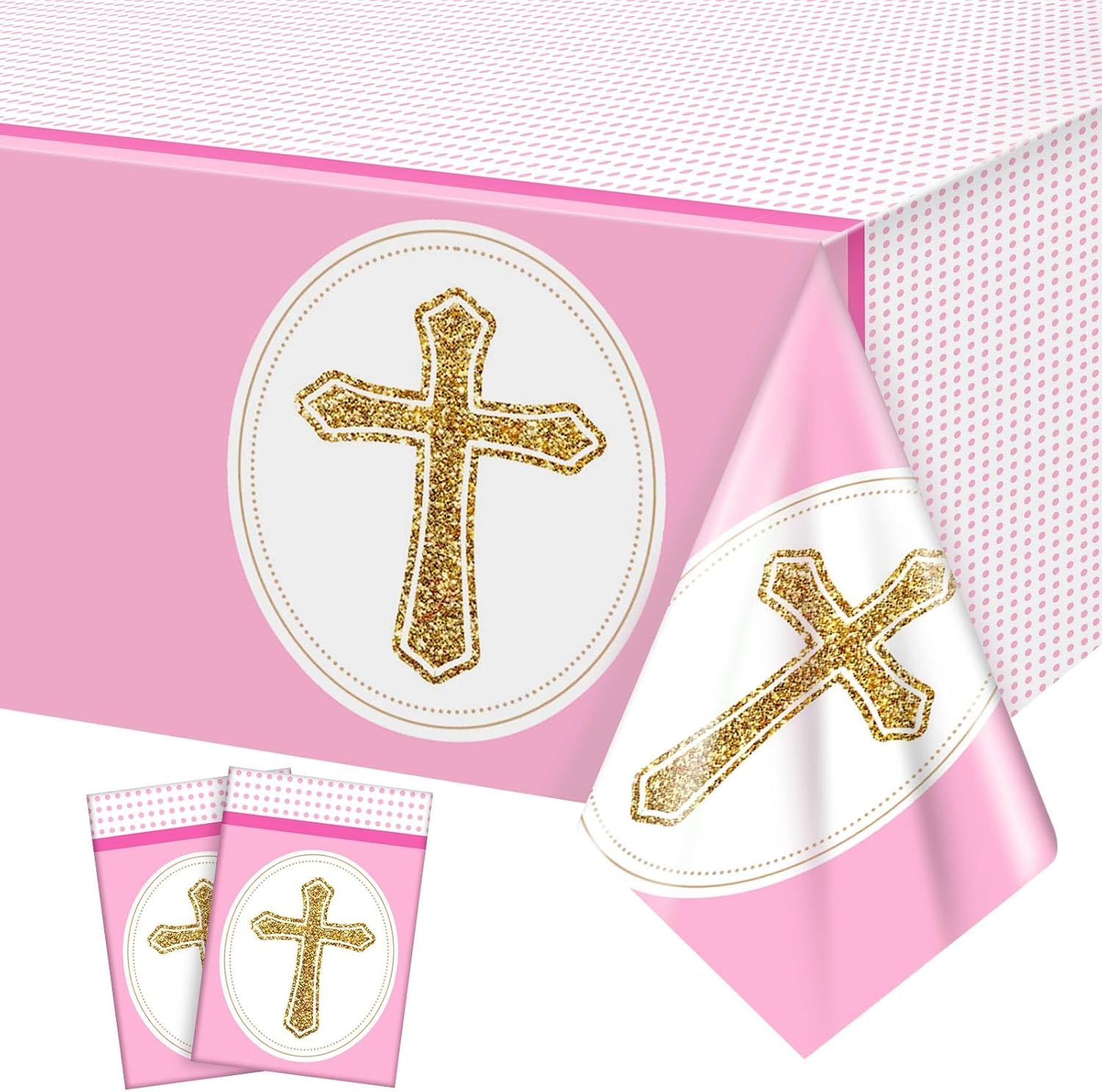 Oudain 2 Pcs Pink Cross Tablecloths for Baptism and First Communion
