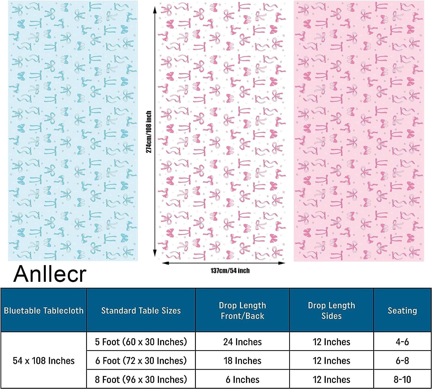 3 Pcs Bow Tablecloth Pink White Blue 54x108in