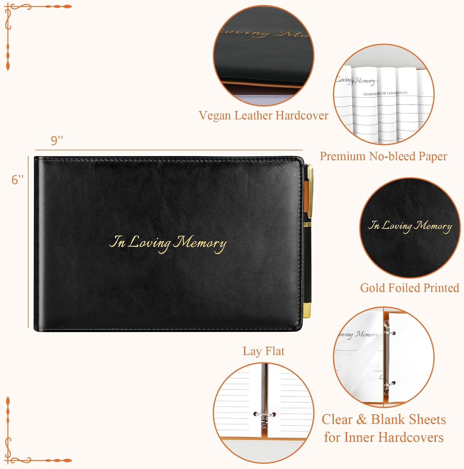 Dapsang Black Leather Funeral Guest Book with Pen 120 Pages Loose Leaf