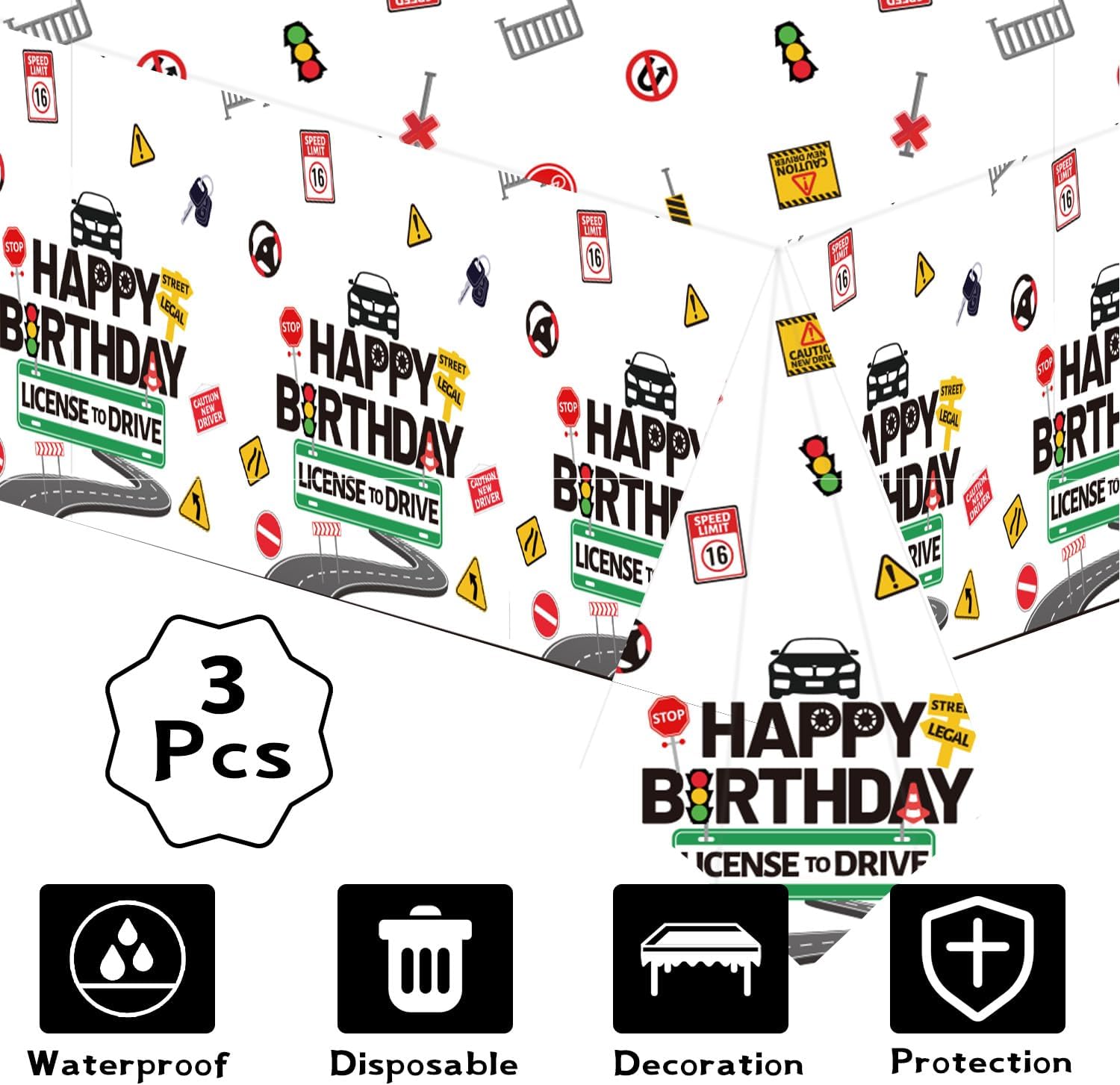 Drivers License 16th Birthday Tablecloth Decorations 3PCS