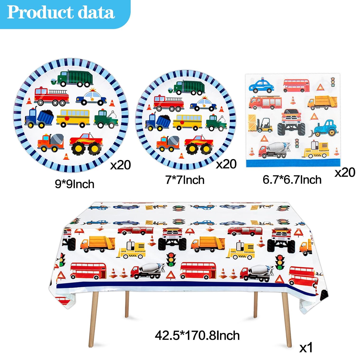 Traffic Cars Trucks Transportation Party Ware Set for 20 Guests