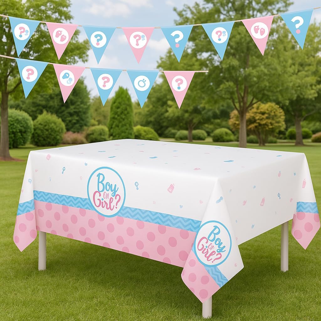 4 Pack Gender Reveal Table Covers with Pennant Banners