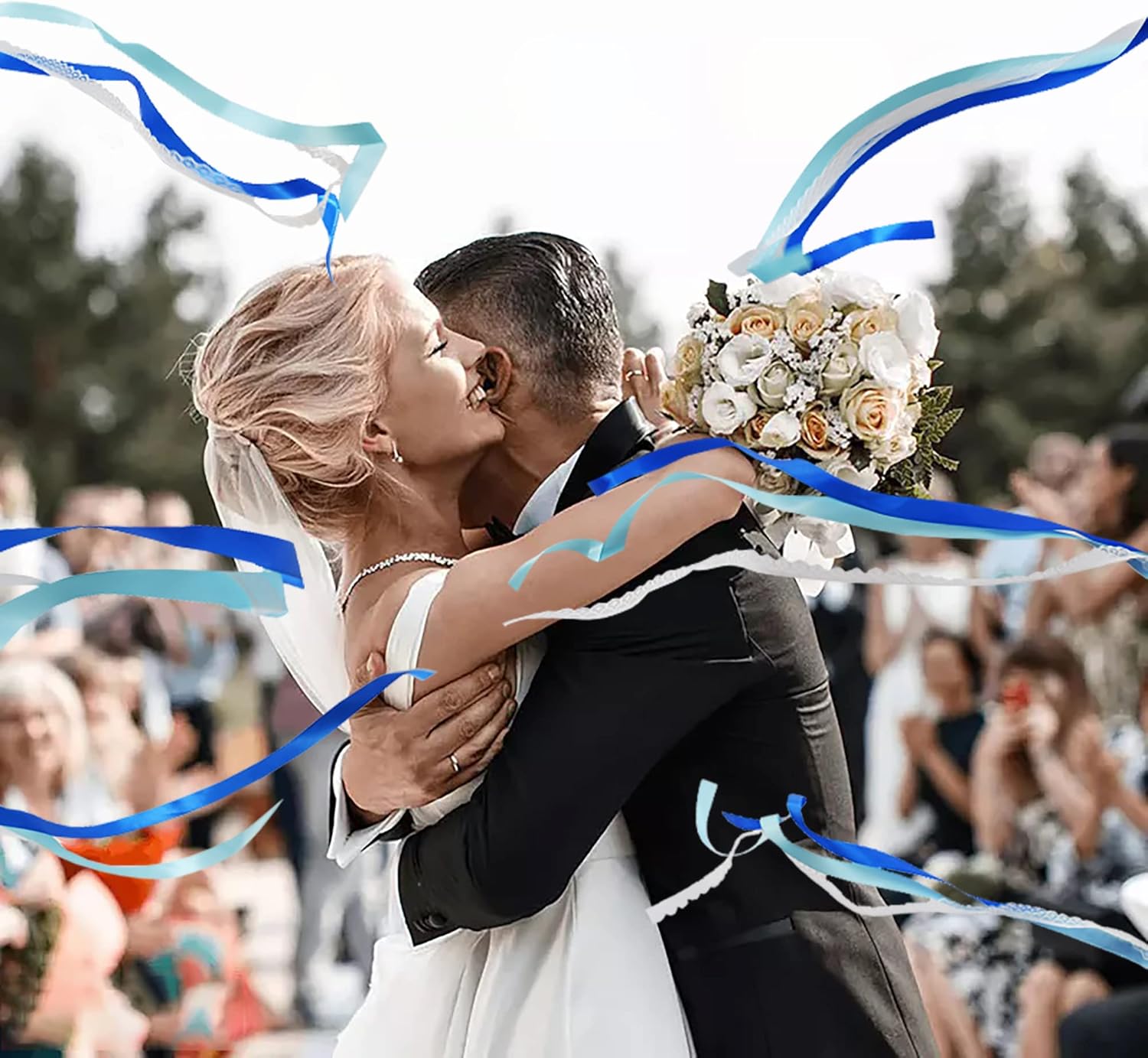 100 Pack Blue Lace Wedding Ribbon Wands with Bells