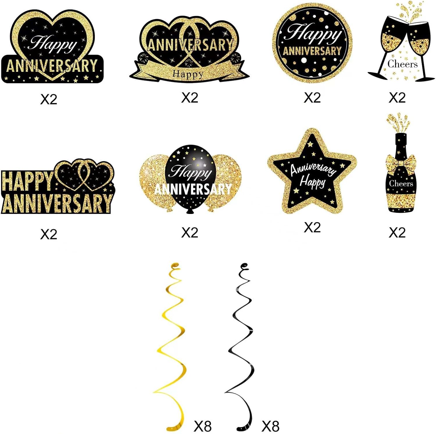16Pcs Black Gold Happy Wedding Anniversary Hanging Swirls Decorations