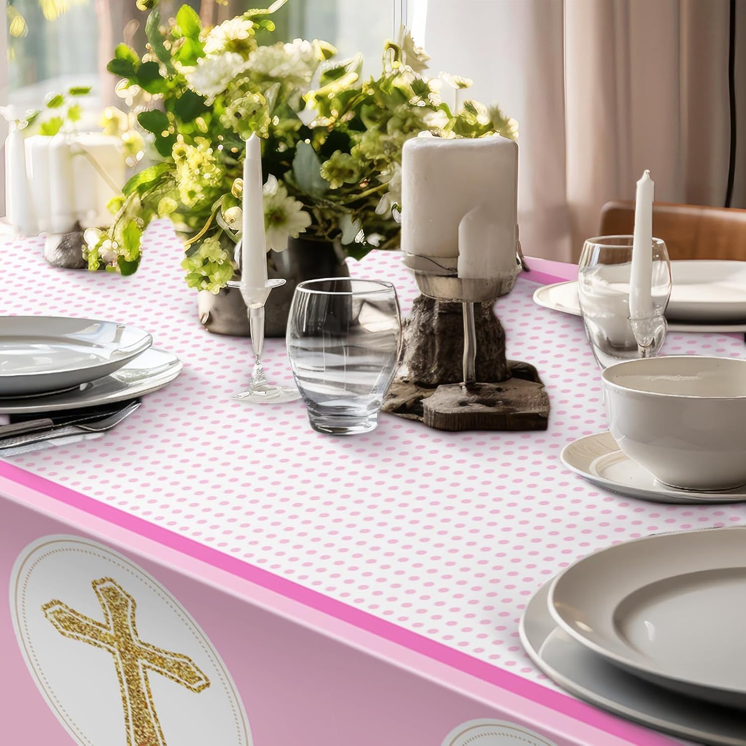 Oudain 2 Pcs Pink Cross Tablecloths for Baptism and First Communion