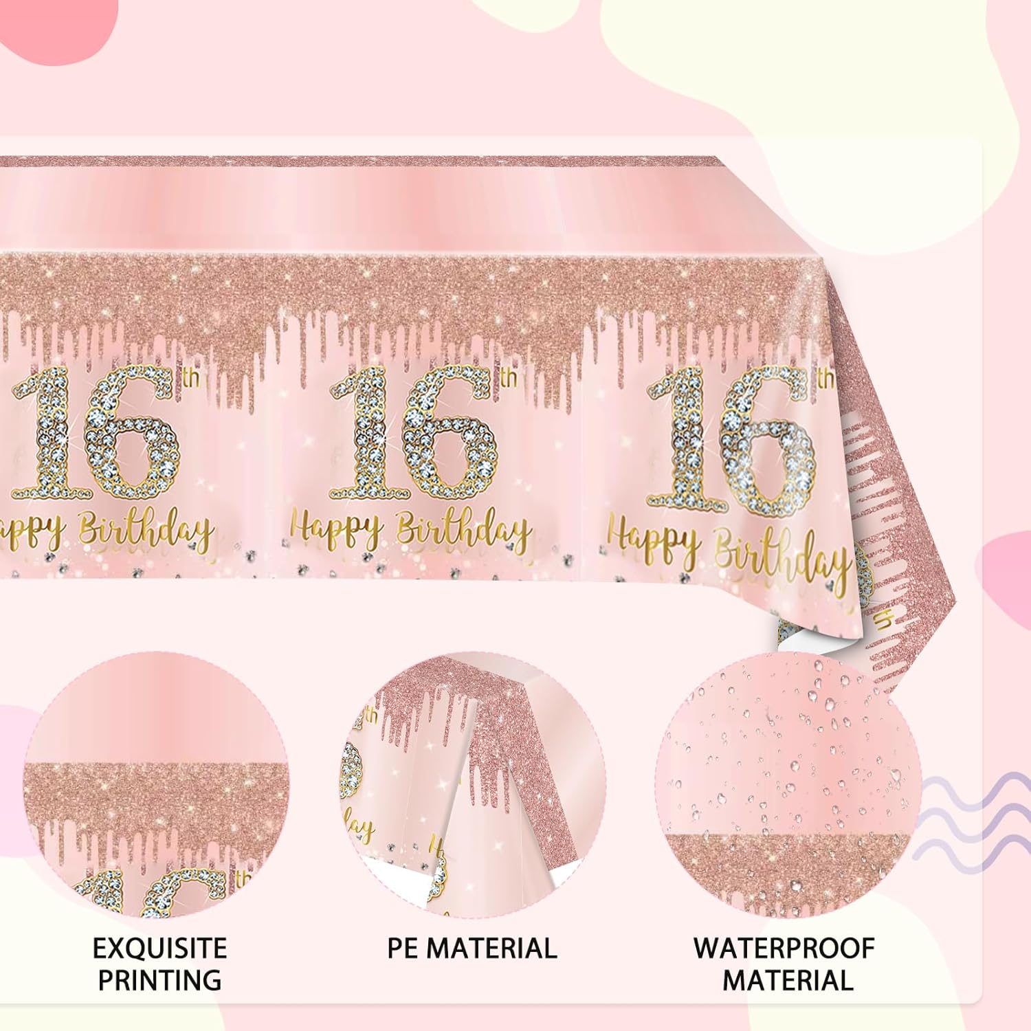 Sweet Rose Gold 3 Pack 16th Birthday Tablecloths