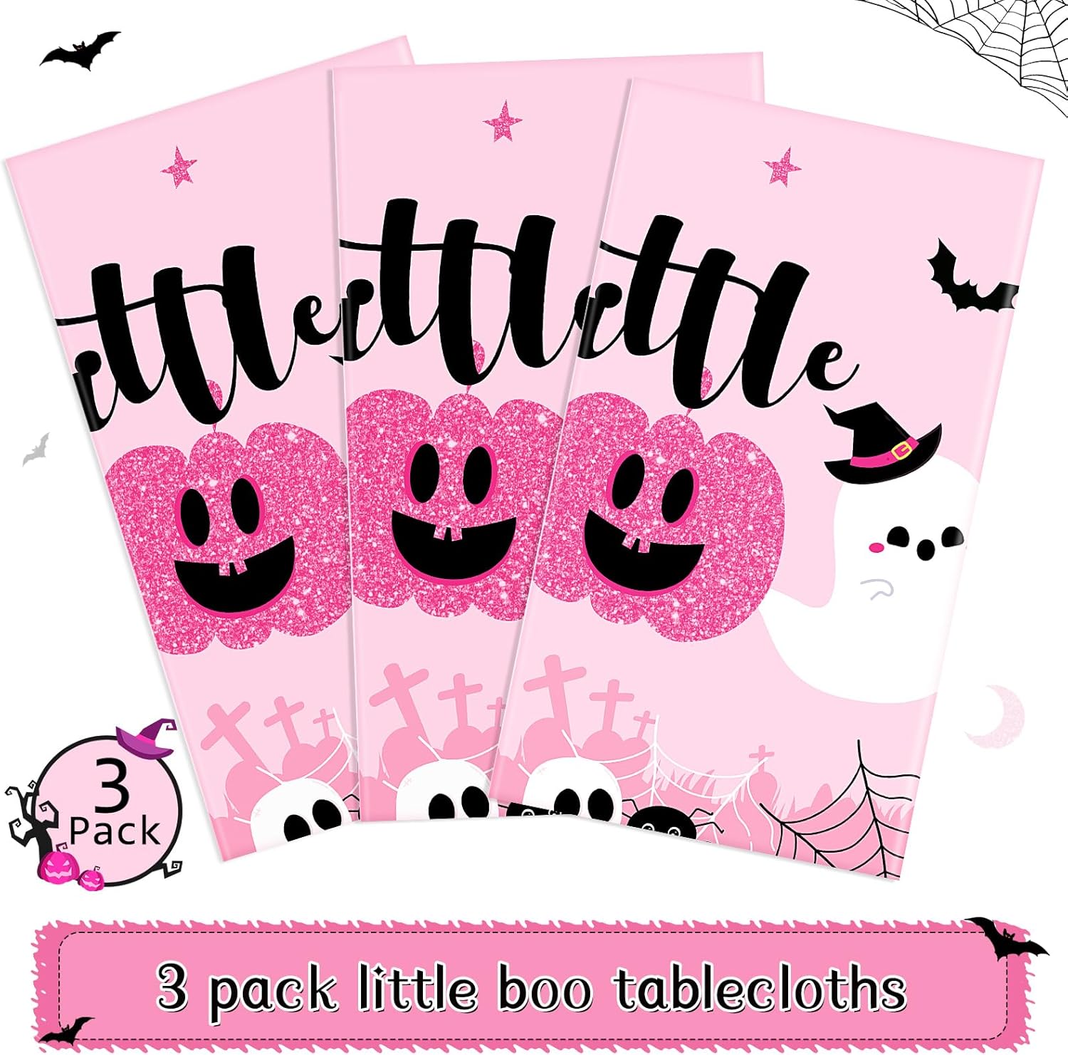Sliner 3 Pack Pink Halloween Tablecloths - Little Boo Party Covers 108x54 Inch
