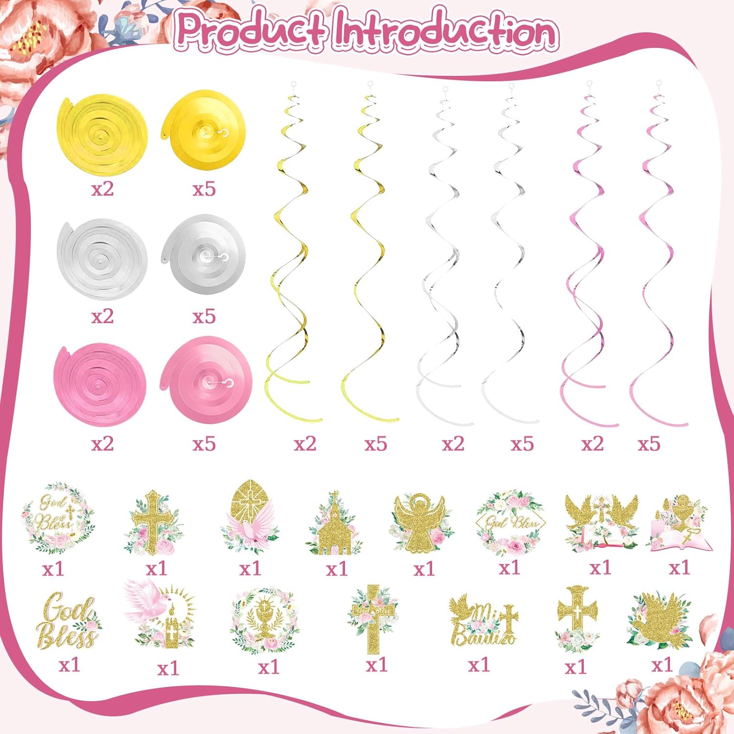 36 Pcs Pink Floral Cross Hanging Streamers Decor Set