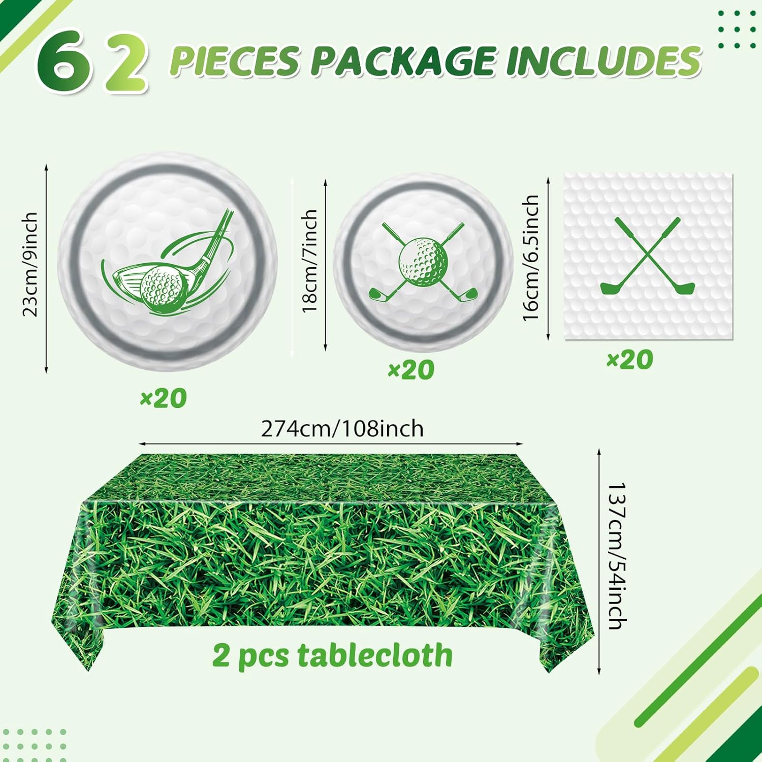 Golf Party Plates Napkins Tablecloth 62PCS Set