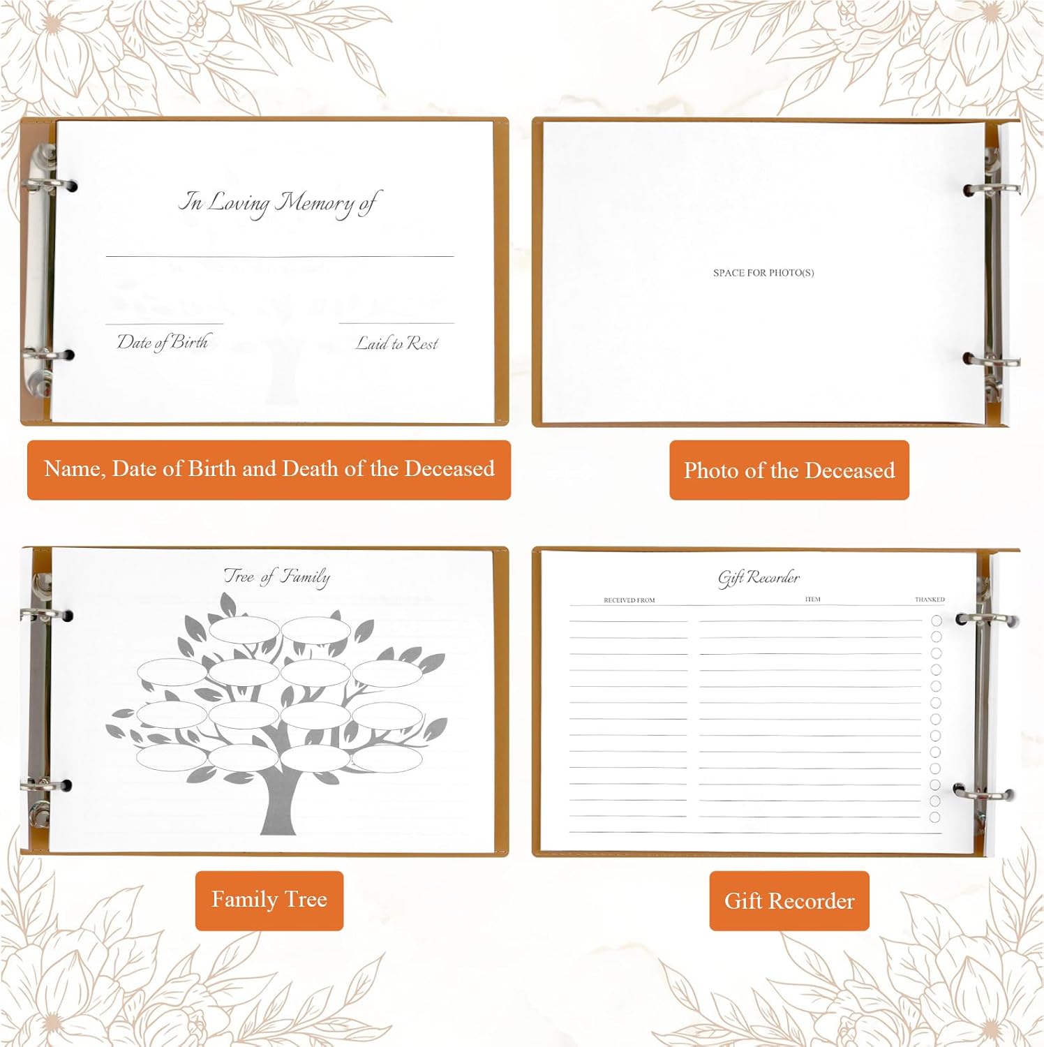 Dapsang Black Leather Funeral Guest Book with Pen 120 Pages Loose Leaf