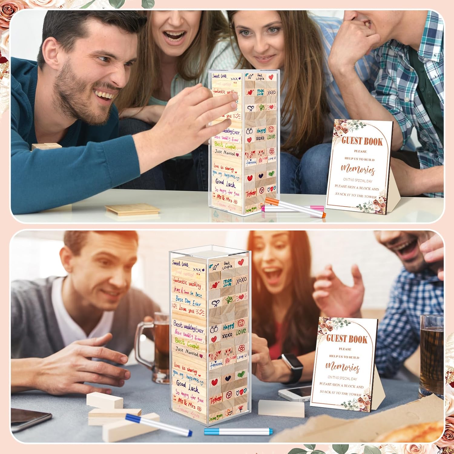 Beeveer 80 Pcs Wooden Block Guest Book Set for Wedding Sign In