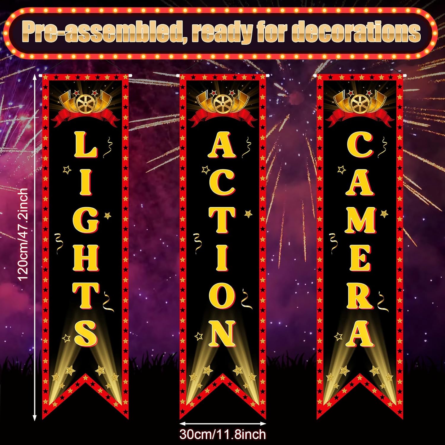 Movie Night Hollywood Banner with Lights Camera Action