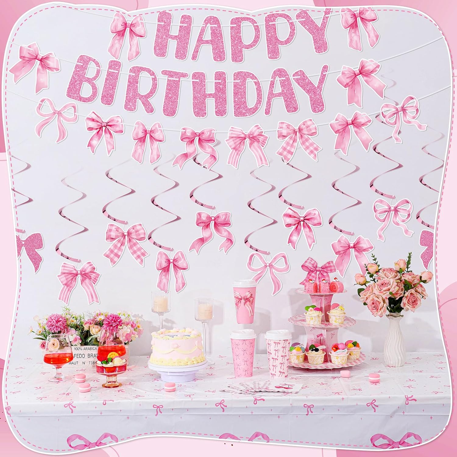 Pink Bow Birthday Party Decorations Set
