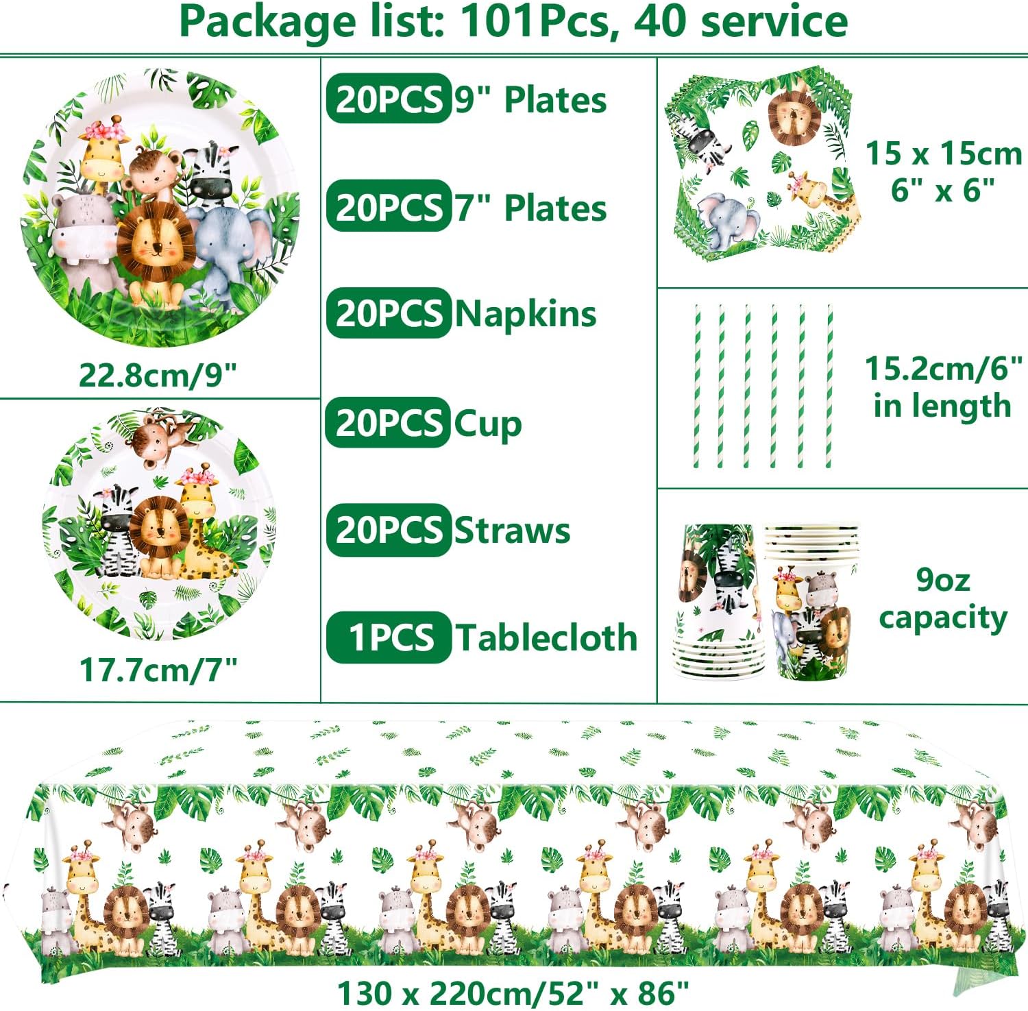 Safari Jungle Birthday Tableware Set for 20 Guests