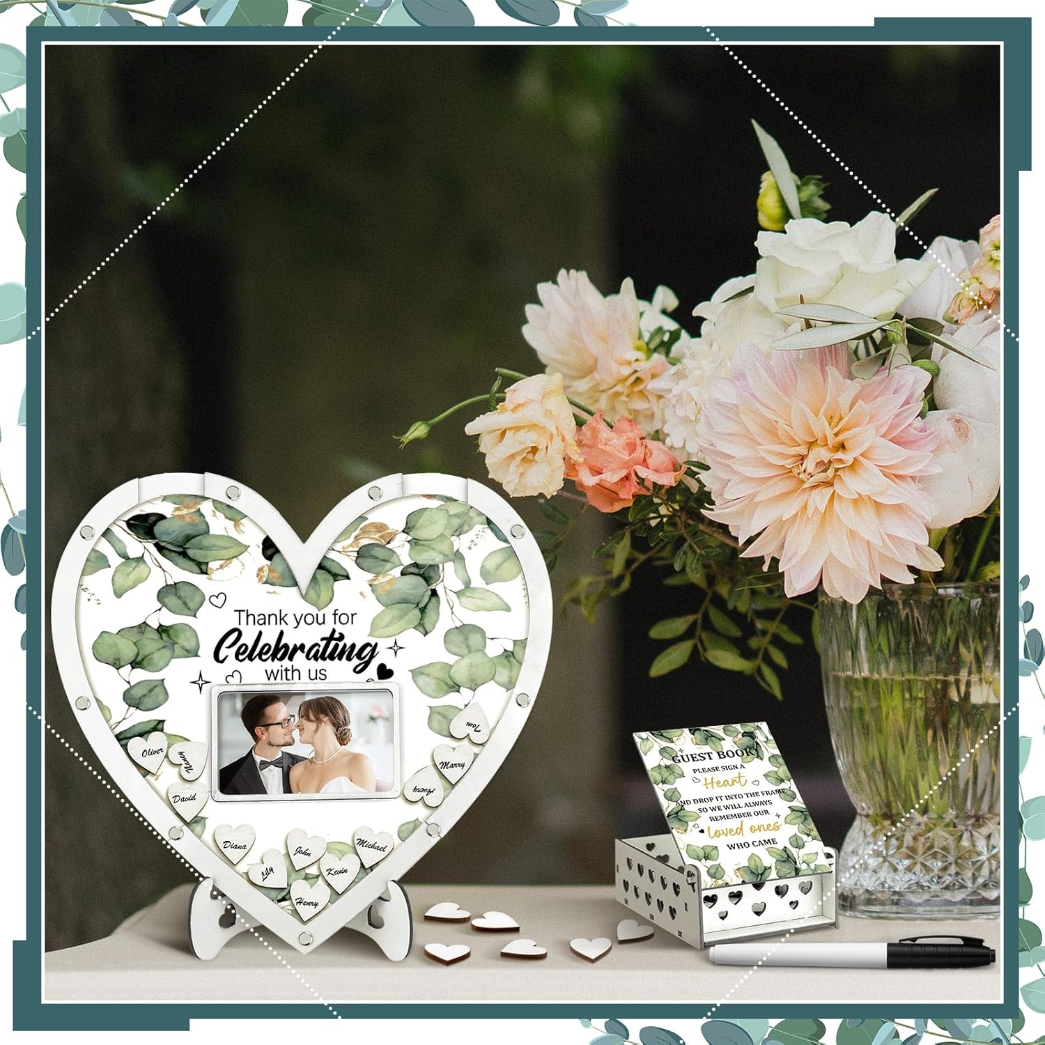 Wooden Guest Book Alternative with 100 Heart Wood Chips Eucalyptus Theme