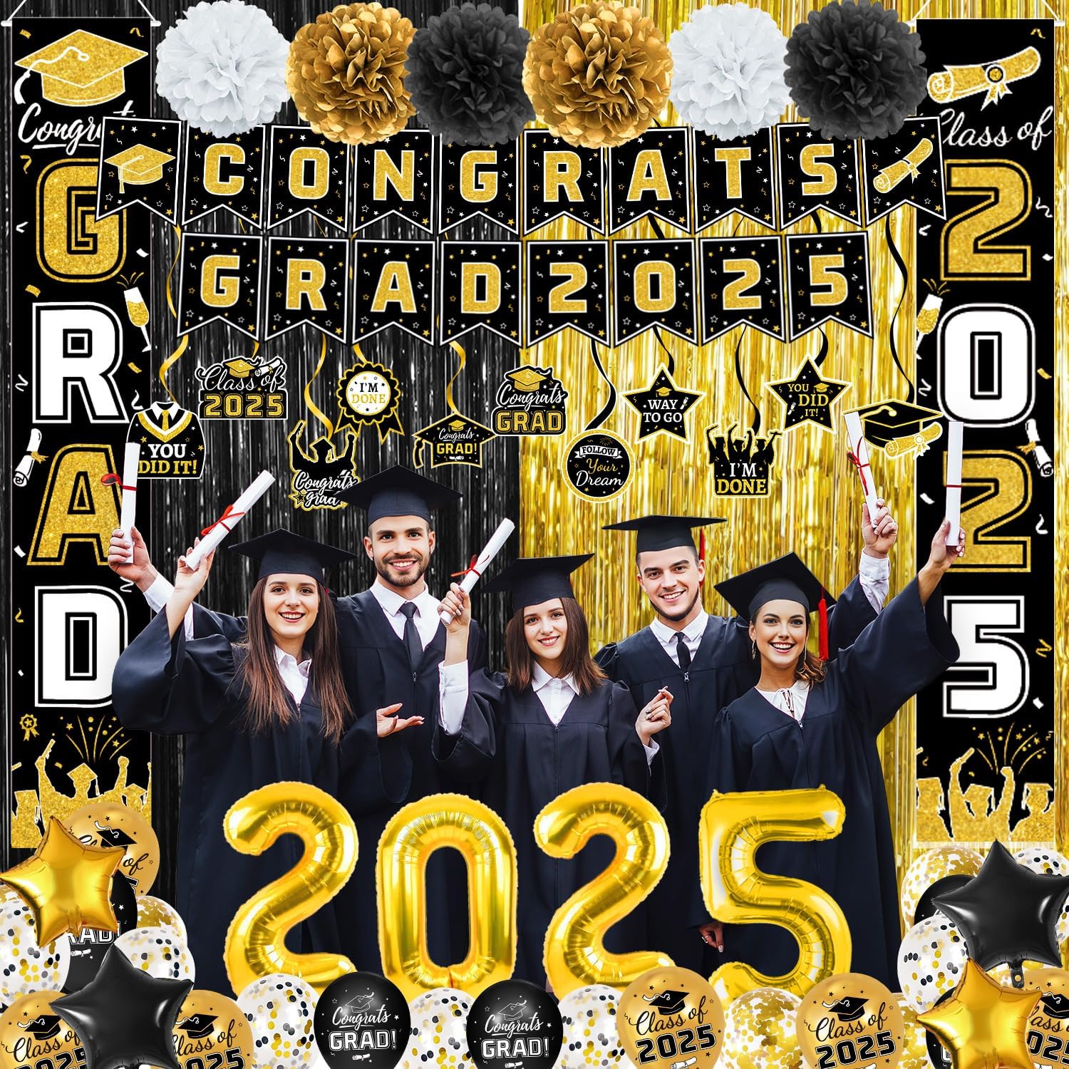 Class of 2025 Graduation Decorations Set Black Gold