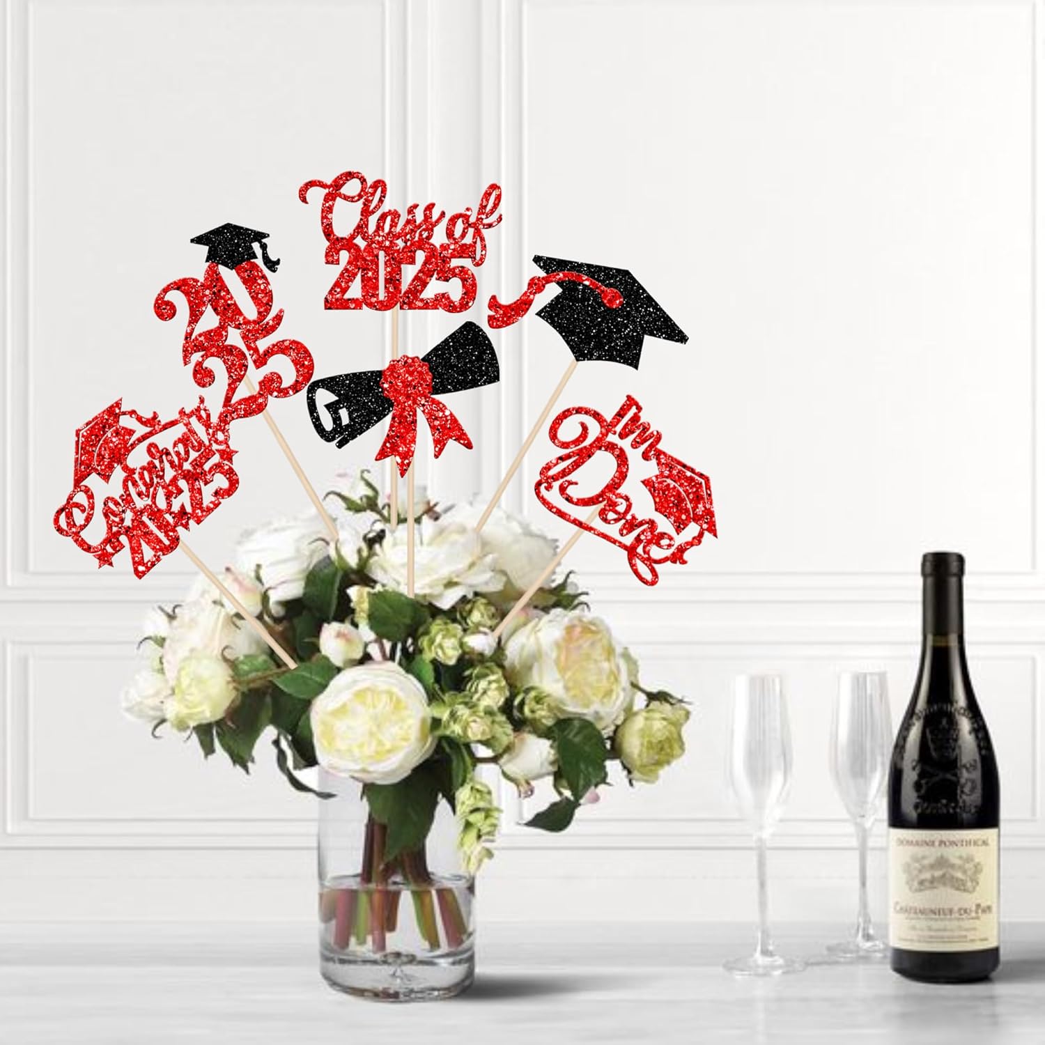 2025 Graduation Cap Centerpiece Sticks with Red Glitter
