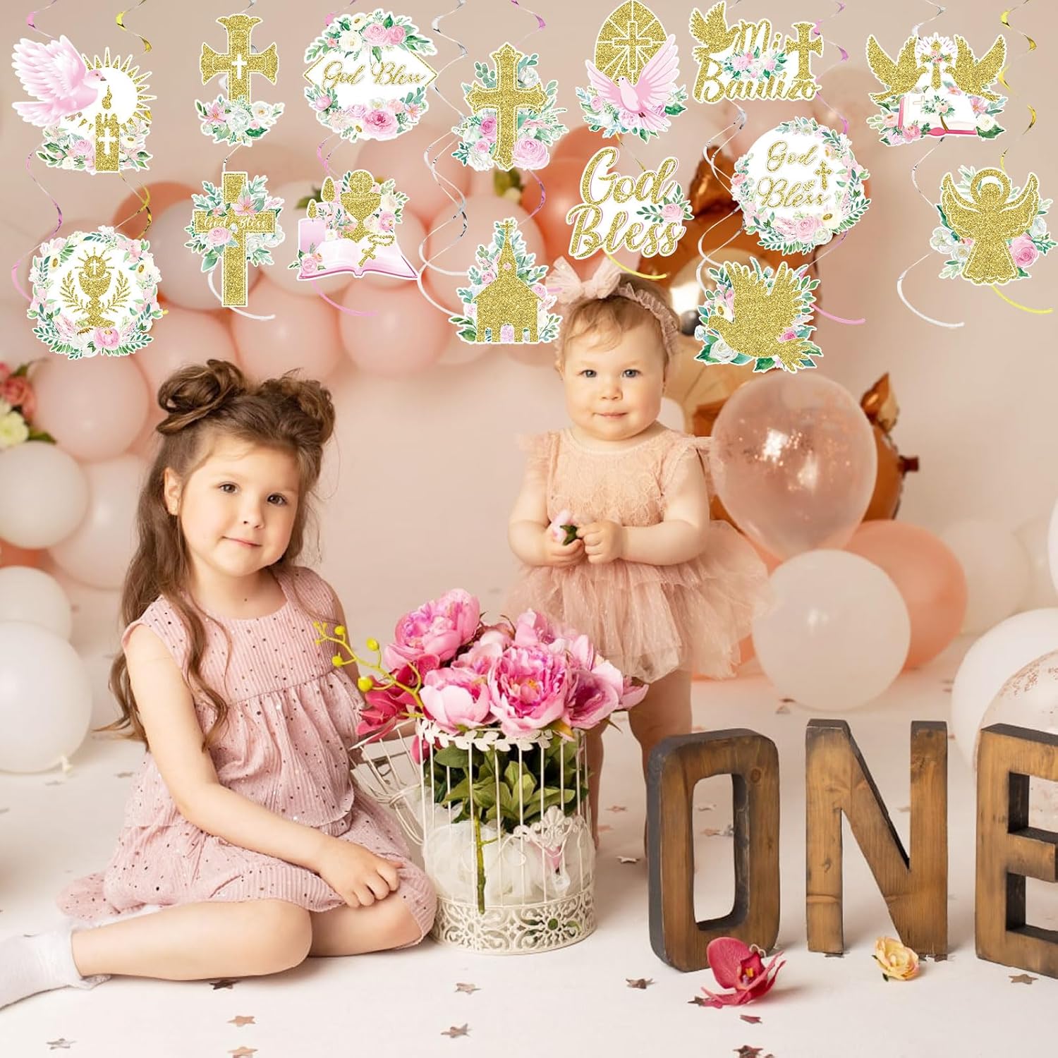 36 Pcs Pink Floral Cross Hanging Streamers Decor Set