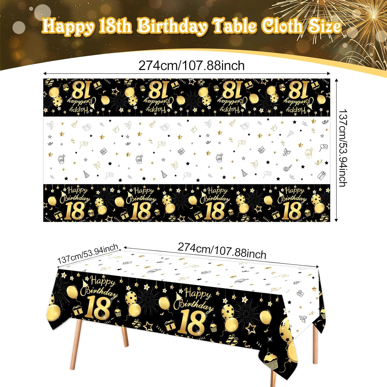 HOWAF 3 Pack 18th Birthday Tablecloth Black Gold