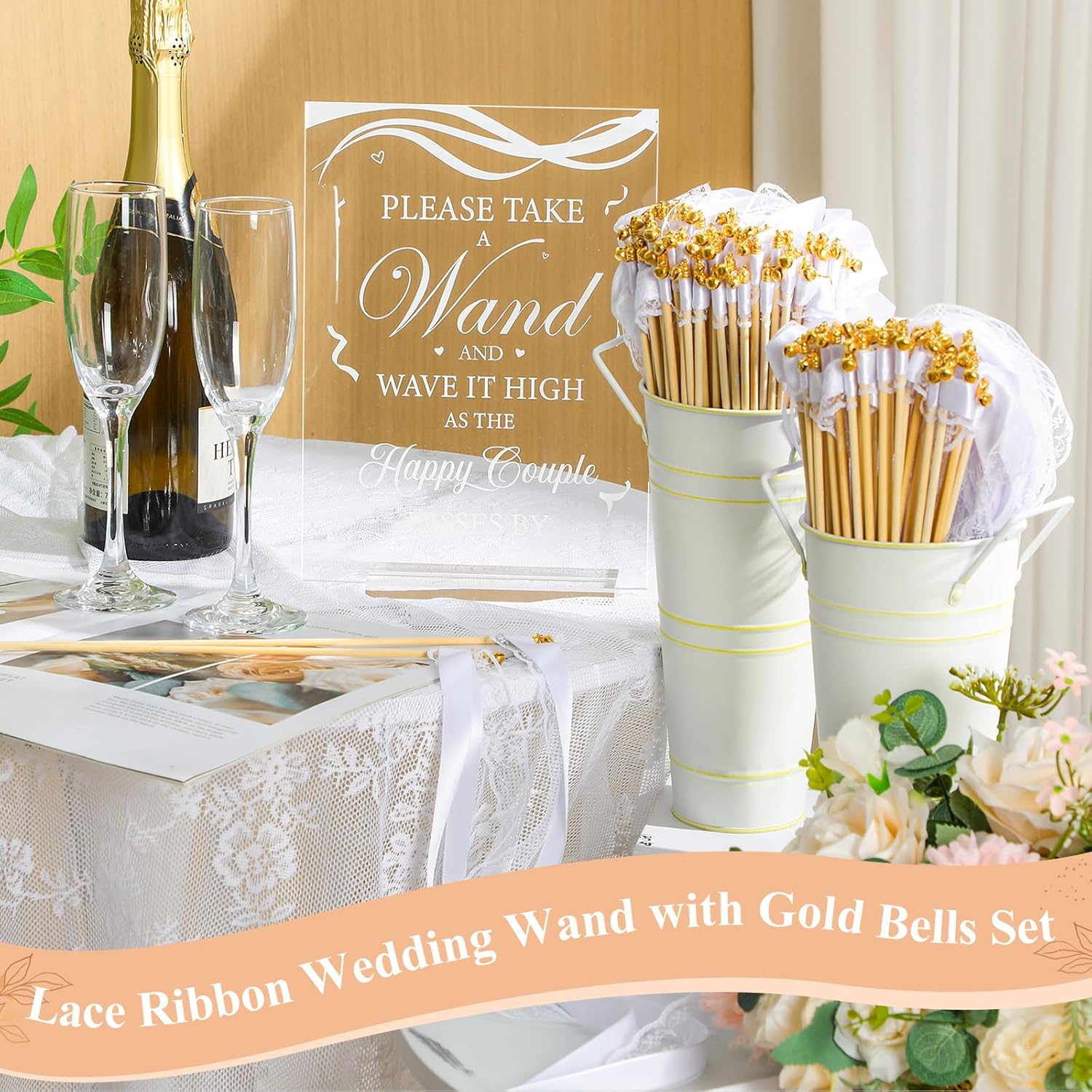103 Pcs Wedding Wand Set with Gold Bells and Acrylic Sign