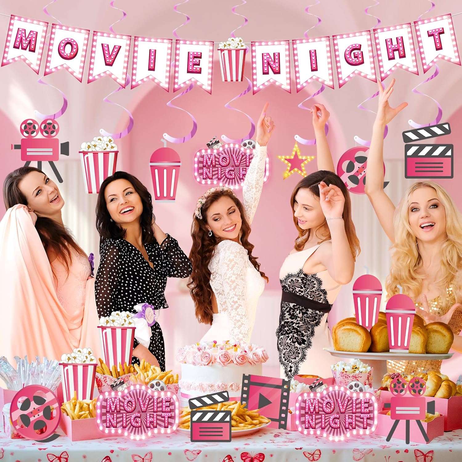 Pink Movie Night Party Decorations 36Pcs