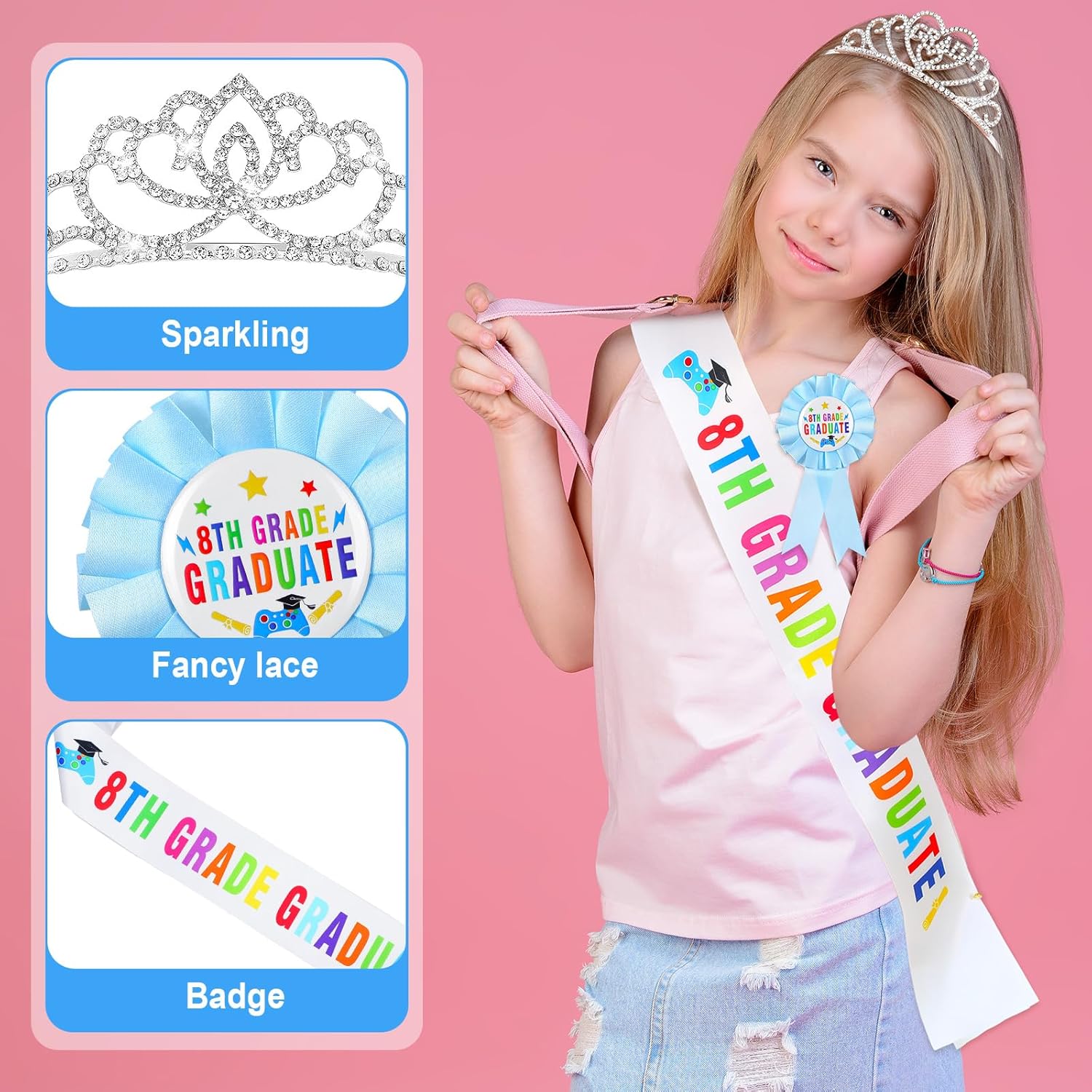Misdary 8th Grade Graduation Sash and Crown Set