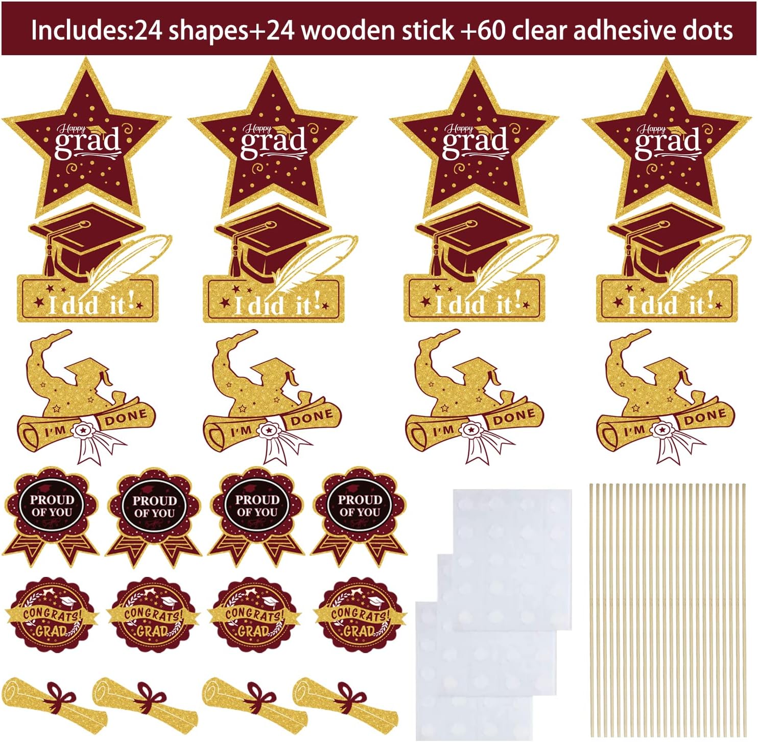 Maroon Gold Graduation Centerpieces 24Pcs Class of 2025