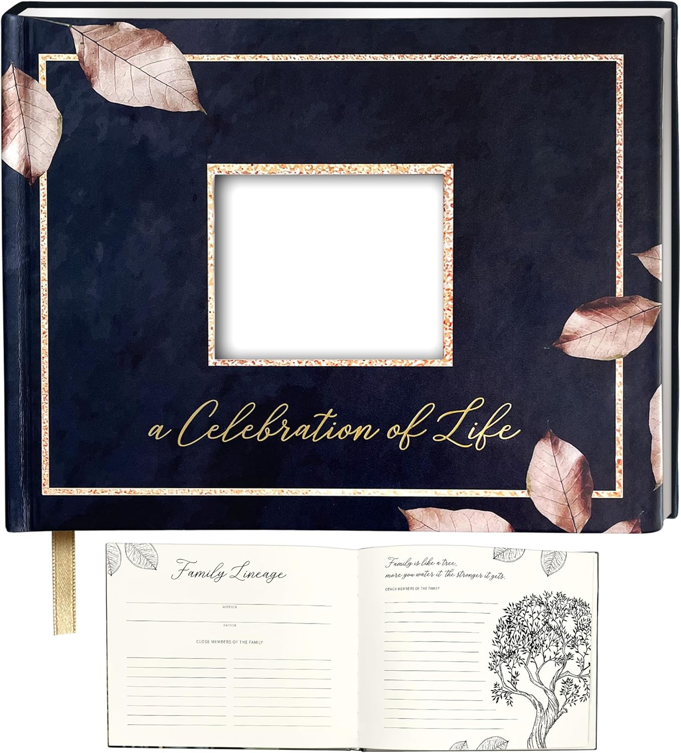 Elegant Funeral Guest Book with Photo Pocket and Rose Gold Design
