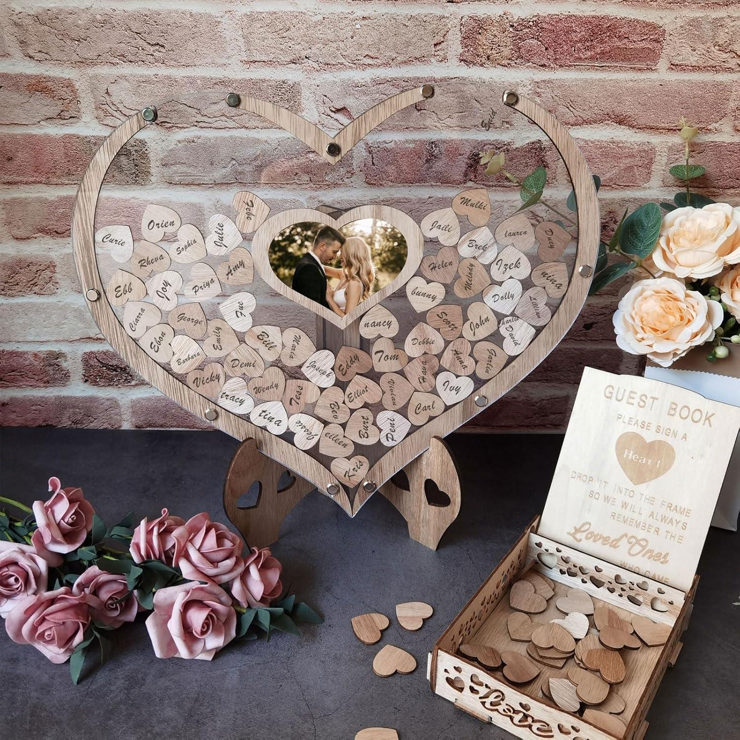 Heart Wedding Guest Book Set with 100 Wooden Hearts and Drop Box