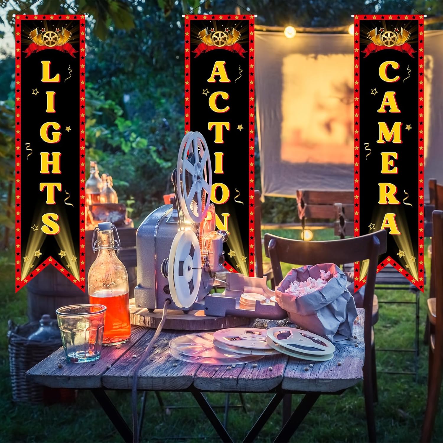 Movie Night Hollywood Banner with Lights Camera Action