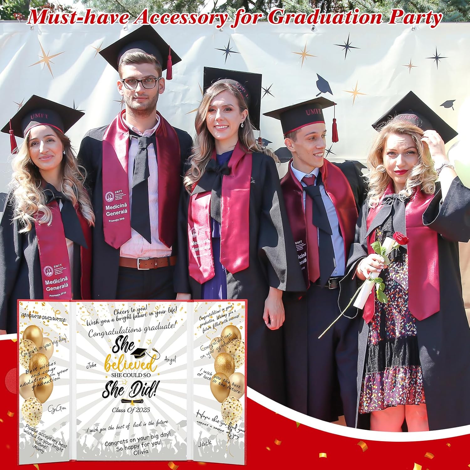 Class of 2025 Graduation Guest Book with Red and Gold Design