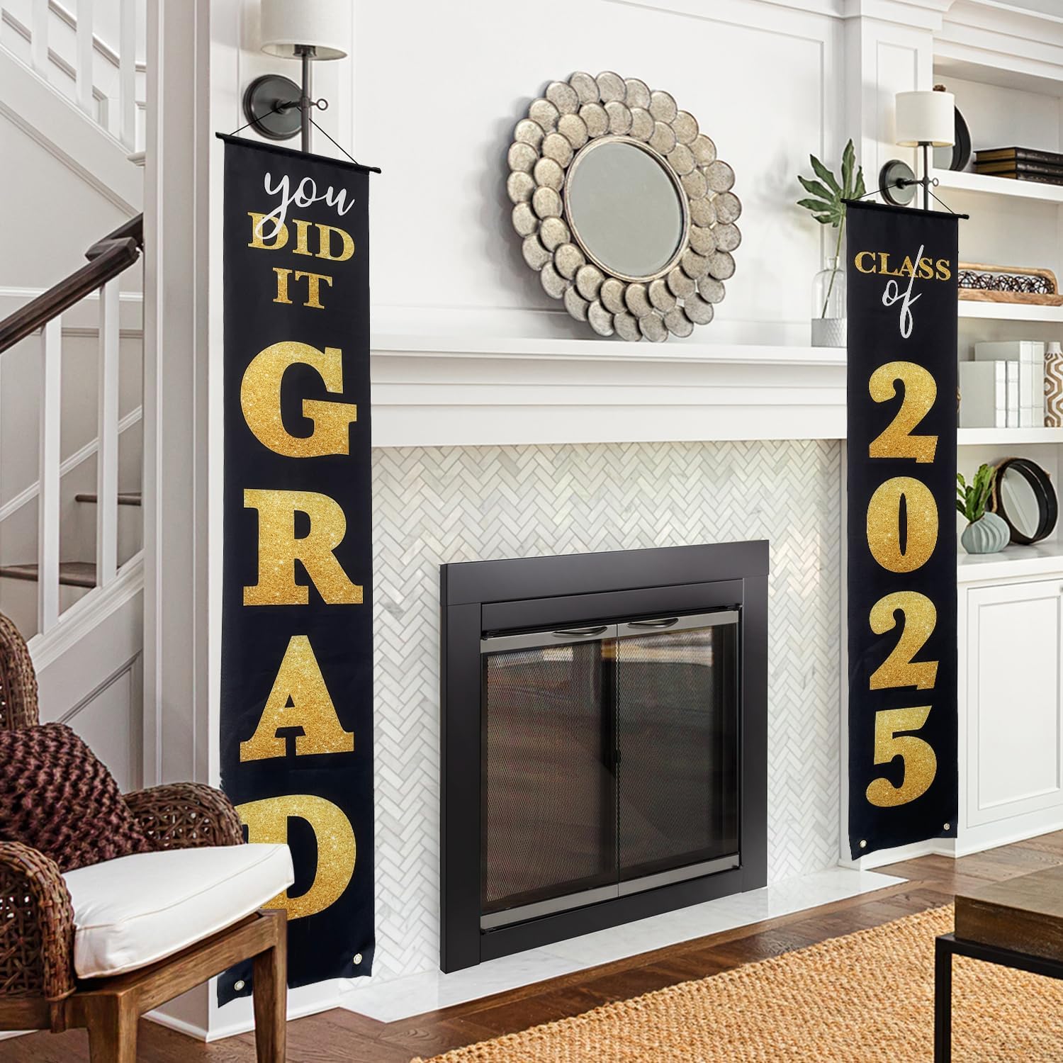 Class of 2025 Graduation Banner Black Gold Porch Sign