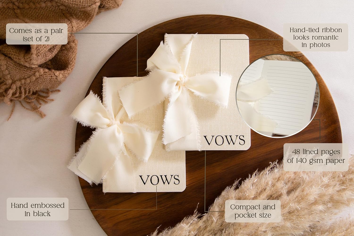 Cream Embossed Slim Vow Books with Ribbon Set of 2