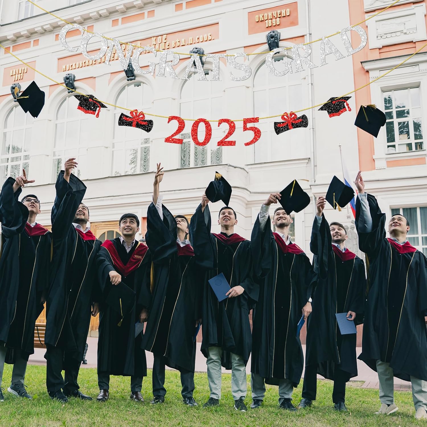 Congrats Grad 2025 Silver Red Glitter Banner