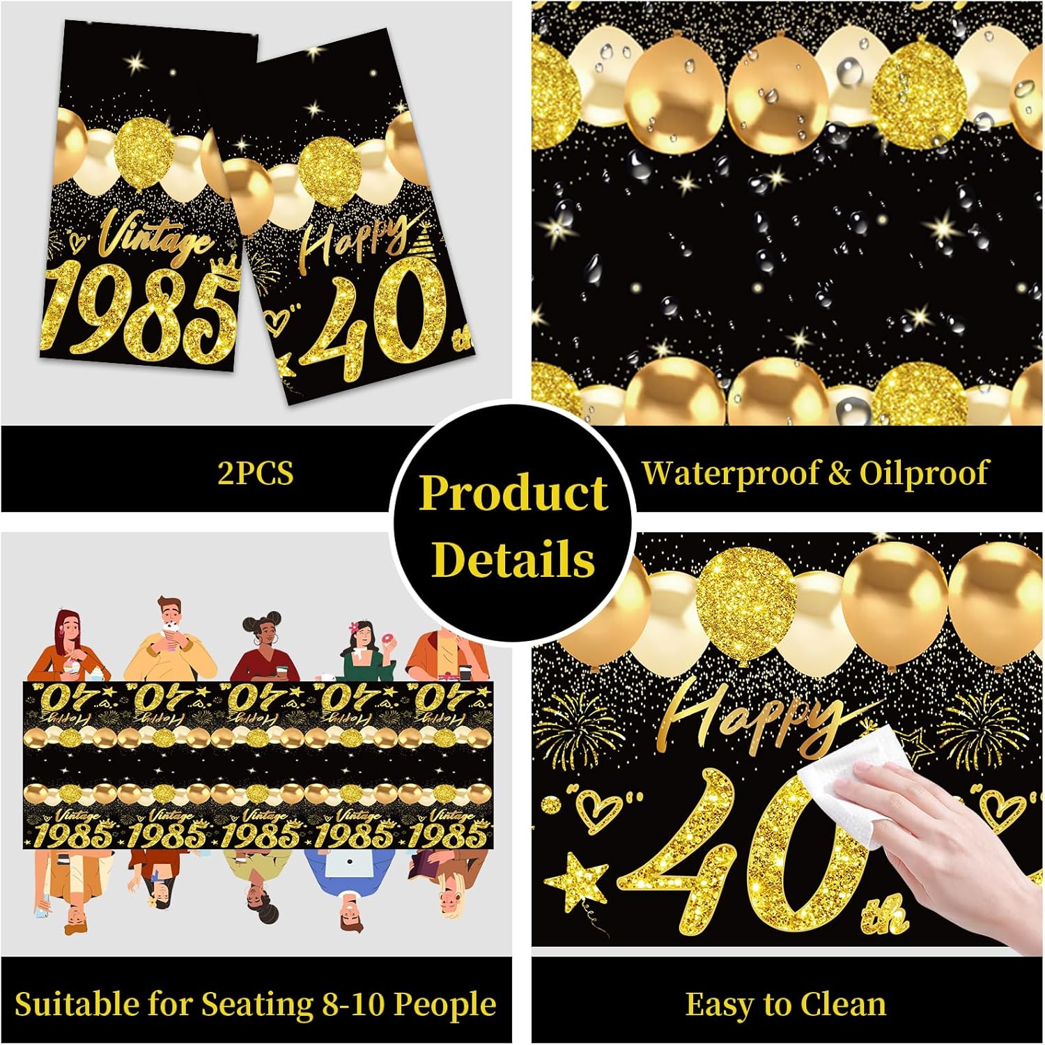 2pcs Black Gold 40th Birthday Tablecloth Decorations